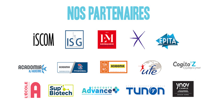 Logo partenaires acadomia : ISCOM, ISG, EM normandie, Epita, AJ Auxerre, FFHandball, ufe, cogito'Z, écola A, sup'Biotech, concours advance, tunon, ynov Campus